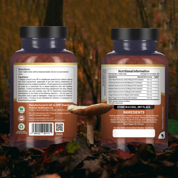 dvanced Mushroom Complex 2000mg | A super blend of 6 Mushroom with Lions Mane, Chaga, Cordyceps, Shiitake, Reishi and Maitake with Black Pepper | 120 Vegan High Strength Tablets | Made in UK by Prowise - Image 5