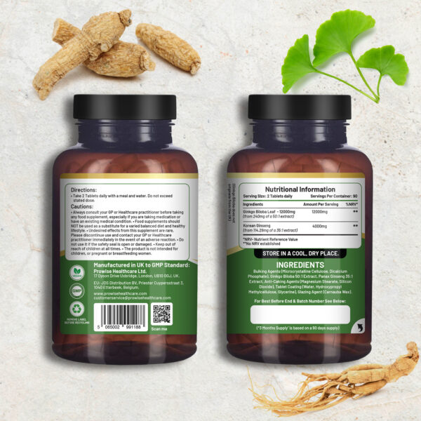 Ginkgo Biloba and Korean Ginseng Tablets 16000mg 180 Vegan Tablets by Prowise - Image 6