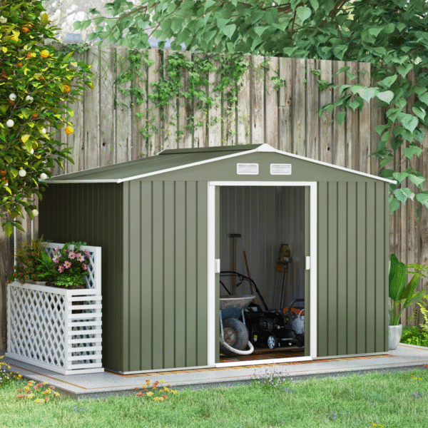 9 x 6FT Garden Metal Storage Shed Tool Box Foundation Vent & Doors Green - Image 2
