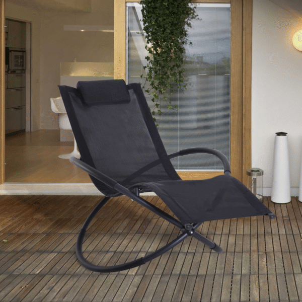 Orbital Sun Lounger Rocking Chair Outdoor Zero Gravity Folding w/ Pillow Black - Image 2