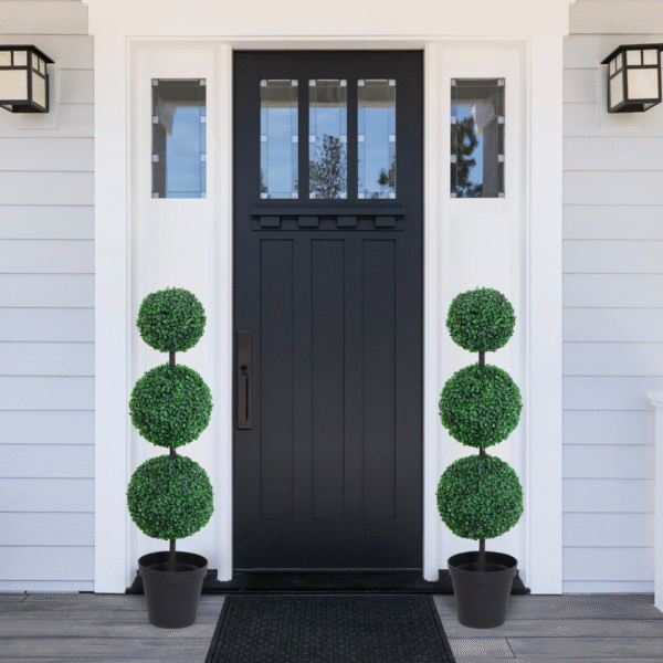 PE Set of 2 Artificial Boxwood Three Balls Topiary Plant Tree's Green - Image 2