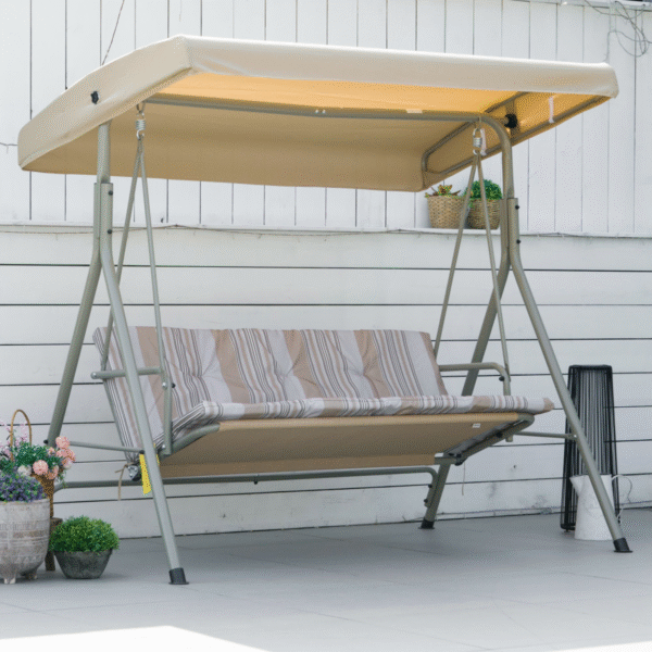 3 Person Porch Swing Chair Outdoor Lounge Bench Canopy Light Brown - Image 2