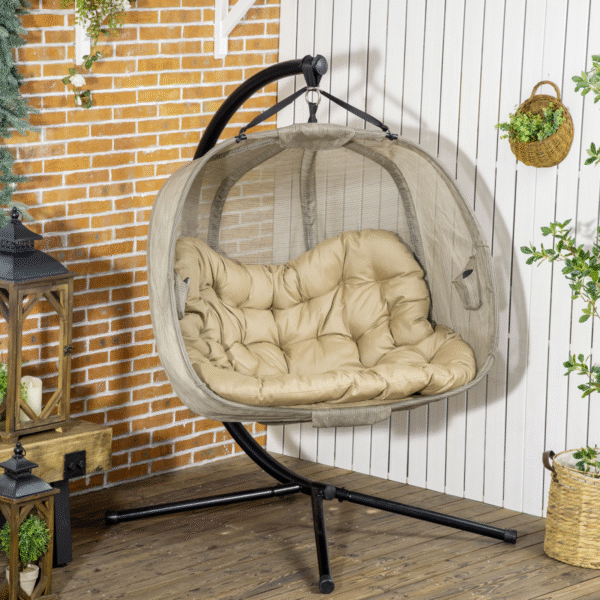 Double Hanging Egg Chair 2 Seaters Swing Hammock w/ Cushion, Brown - Image 2