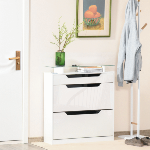 Shoe Cabinet 3 Drawers High Gloss Storage Cupboard Glass Top White - Image 2