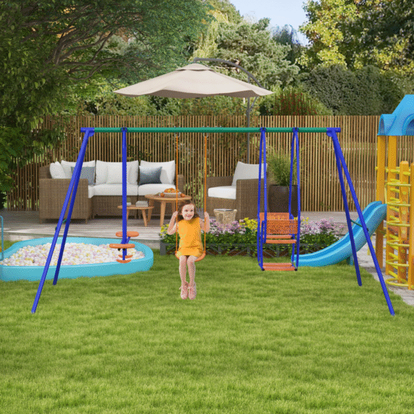 Outsunny 3 in 1 Metal Kids Swing Set with Swing, Glider, Rocking Chair, Orange - Image 2