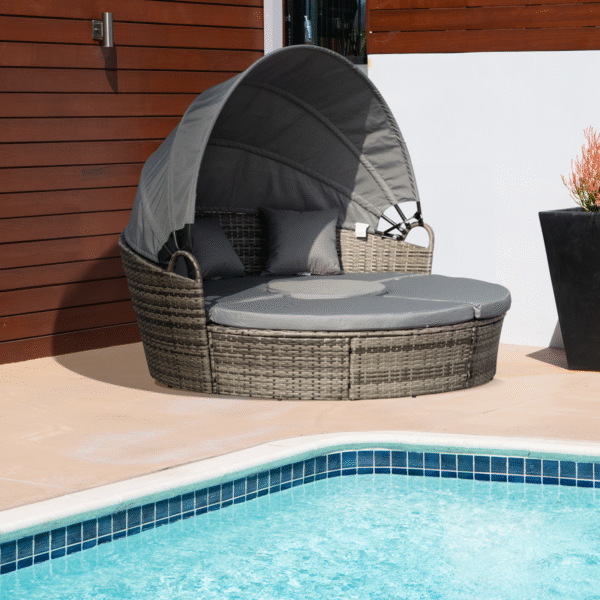 Outsunny 5 PCs Cushioned Outdoor Plastic Rattan Round Sofa Bed Table Set Grey - Image 2