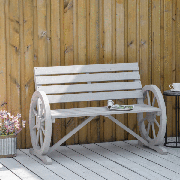 2 Seater Bench Armrest Chair & Wooden Cart Wagon Wheel Rustic High Back Grey - Image 2