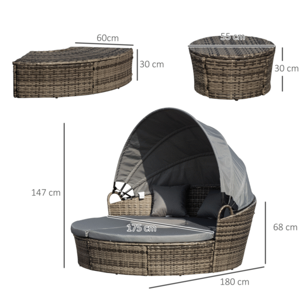 Outsunny 5 PCs Cushioned Outdoor Plastic Rattan Round Sofa Bed Table Set Grey - Image 3