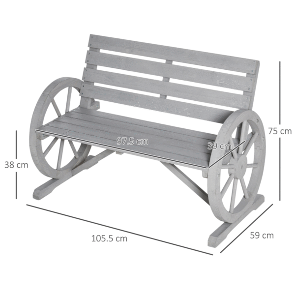 2 Seater Bench Armrest Chair & Wooden Cart Wagon Wheel Rustic High Back Grey - Image 3