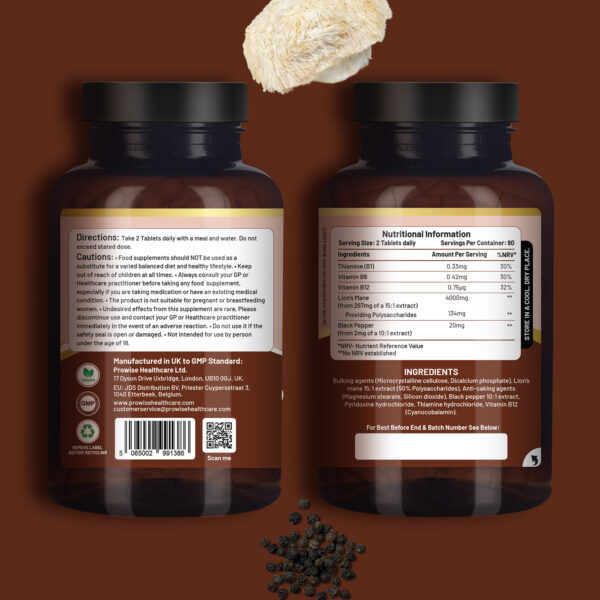 Lions Mane Mushroom Supplement 4000mg with Vitamin B1, B6, B12 & Black Pepper - Image 2