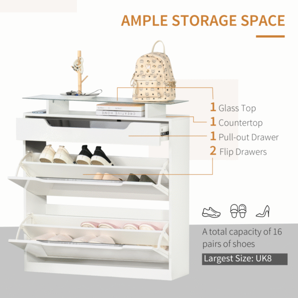 Shoe Cabinet 3 Drawers High Gloss Storage Cupboard Glass Top White - Image 4