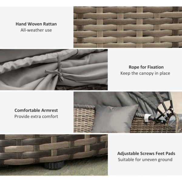 Outsunny 5 PCs Cushioned Outdoor Plastic Rattan Round Sofa Bed Table Set Grey - Image 4