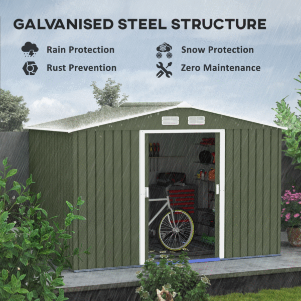 9 x 6FT Garden Metal Storage Shed Tool Box Foundation Vent & Doors Green - Image 4