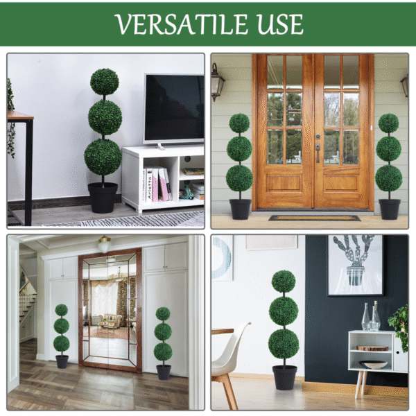 PE Set of 2 Artificial Boxwood Three Balls Topiary Plant Tree's Green - Image 4