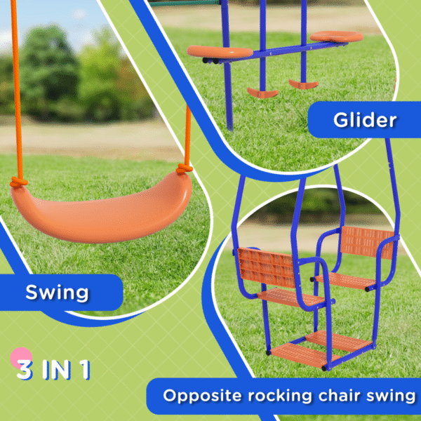 Outsunny 3 in 1 Metal Kids Swing Set with Swing, Glider, Rocking Chair, Orange - Image 5