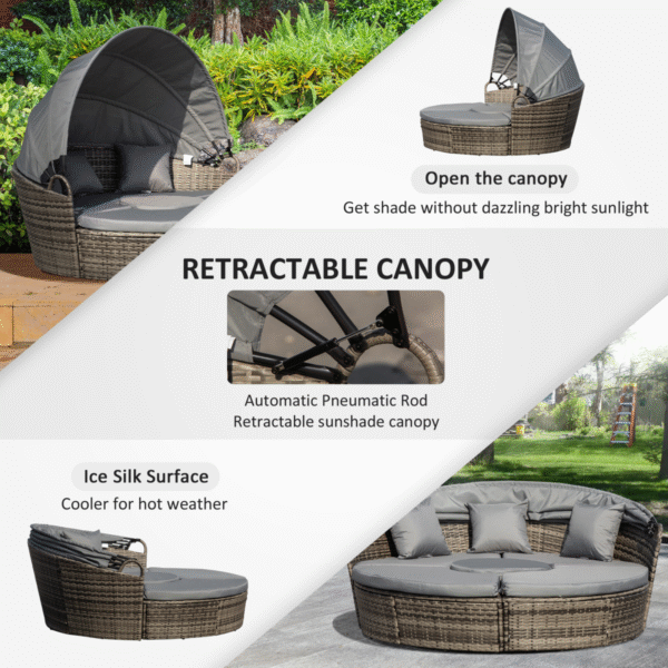Outsunny 5 PCs Cushioned Outdoor Plastic Rattan Round Sofa Bed Table Set Grey - Image 5