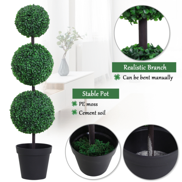 PE Set of 2 Artificial Boxwood Three Balls Topiary Plant Tree's Green - Image 5