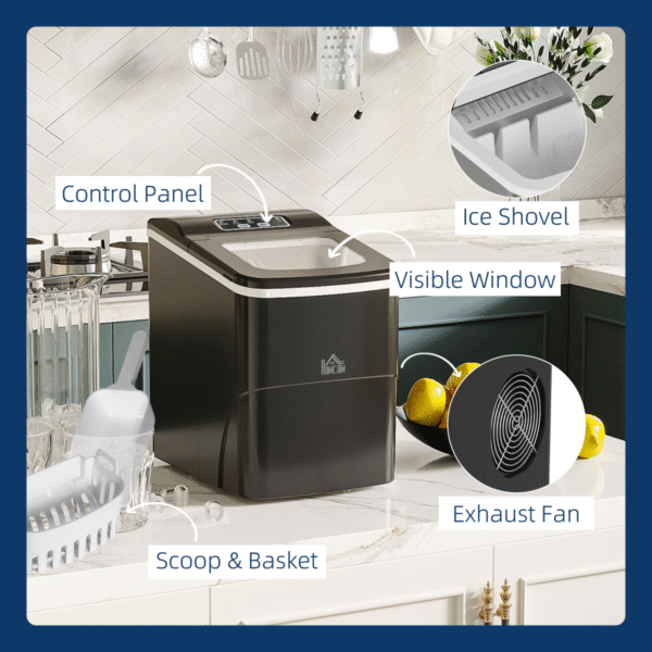 Ice Maker 12kg/24H Production with Scoop Basket for Home Office Black - Image 5