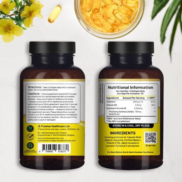 Vegan Evening Primrose Oil 2000mg with Vitamin E & B6 ? 60 Vegan Softgels| Pure Cold Pressed I 180mg GLA per Capsule I Women's Health I Premium Quality I by Prowise Healthcare - Image 2