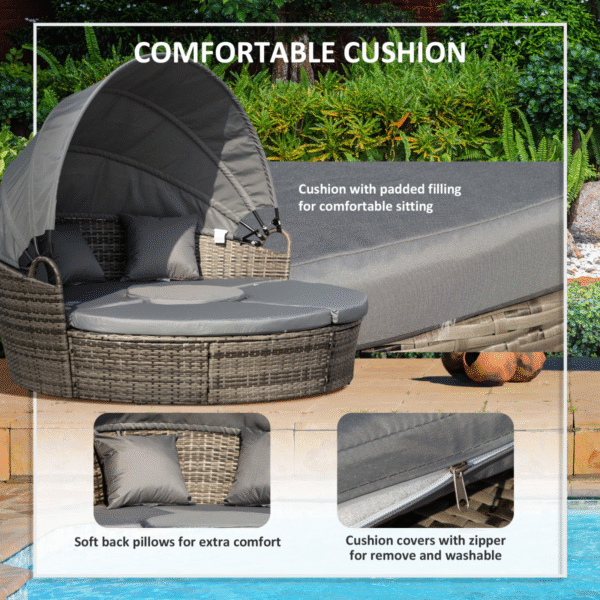Outsunny 5 PCs Cushioned Outdoor Plastic Rattan Round Sofa Bed Table Set Grey - Image 6