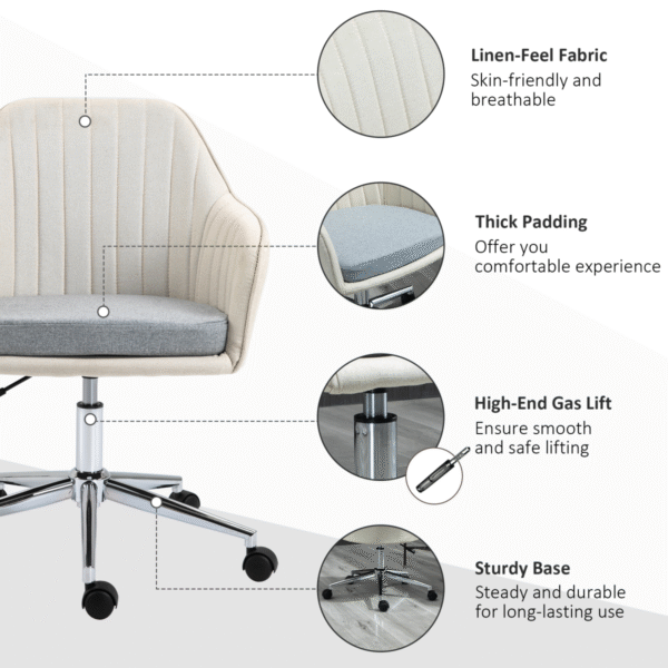 Leisure Office Chair Linen Swivel Desk Chair Home Study Wheel, Beige Vinsetto - Image 6