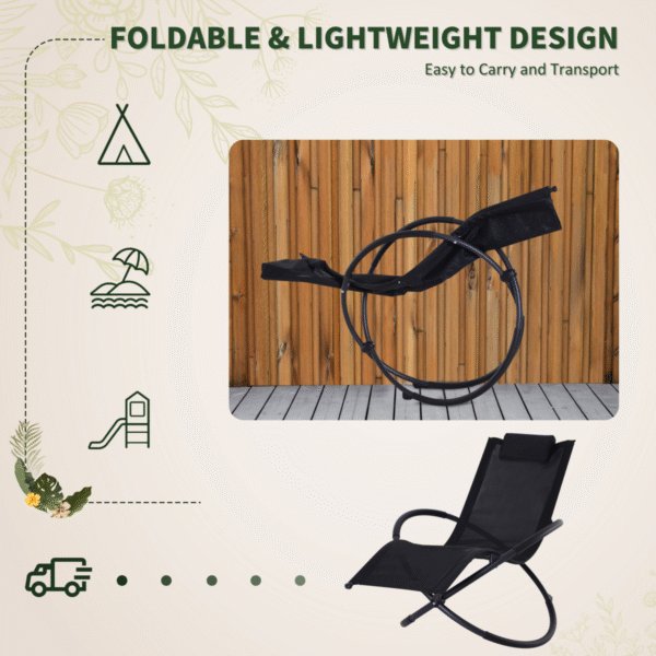 Orbital Sun Lounger Rocking Chair Outdoor Zero Gravity Folding w/ Pillow Black - Image 6