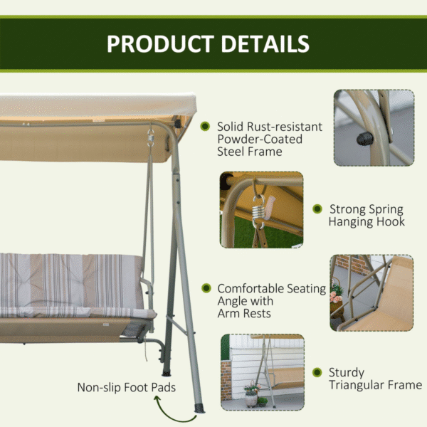 3 Person Porch Swing Chair Outdoor Lounge Bench Canopy Light Brown - Image 6