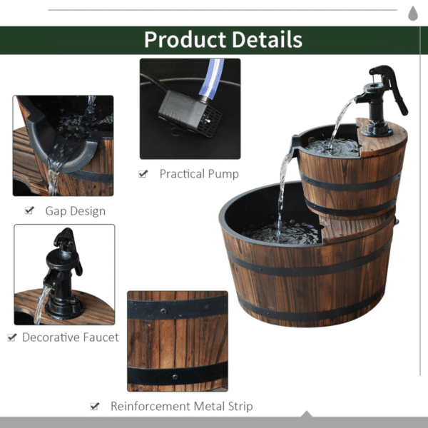Wooden Water Pump Fountain, 2 Tier-Fir Wood/Steel - Image 6