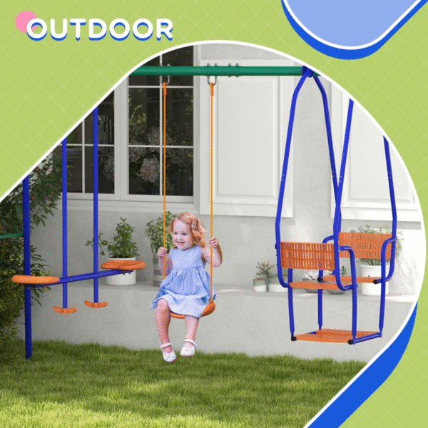 Outsunny 3 in 1 Metal Kids Swing Set with Swing, Glider, Rocking Chair, Orange - Image 6