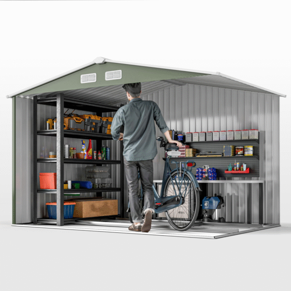 9 x 6FT Garden Metal Storage Shed Tool Box Foundation Vent & Doors Green - Image 7