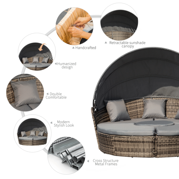 Outsunny 5 PCs Cushioned Outdoor Plastic Rattan Round Sofa Bed Table Set Grey - Image 8