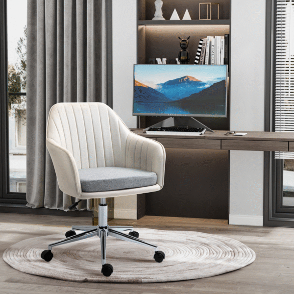 Leisure Office Chair Linen Swivel Desk Chair Home Study Wheel, Beige Vinsetto - Image 8
