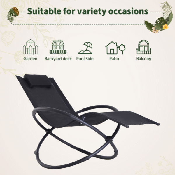 Orbital Sun Lounger Rocking Chair Outdoor Zero Gravity Folding w/ Pillow Black - Image 8