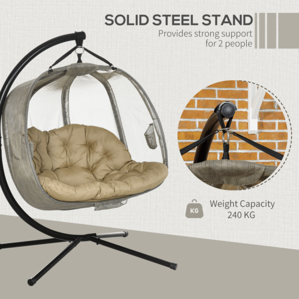 Double Hanging Egg Chair 2 Seaters Swing Hammock w/ Cushion, Brown - Image 8