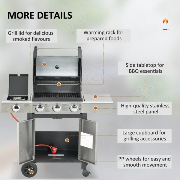 Outsunny Deluxe Gas Barbecue Grill 3+1 Burner Garden BBQ w/ Large Cooking Area - Image 8