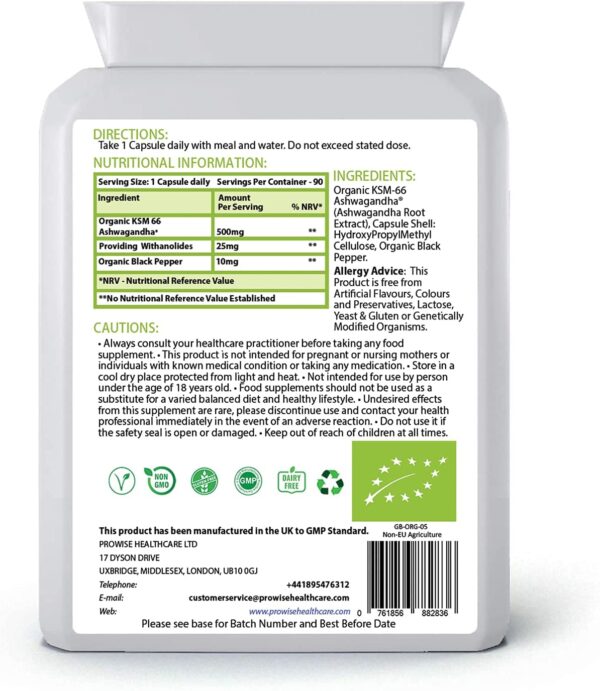 KSM-66 Ashwagandha with Organic Black Pepper 500mg 90 Capsules - Image 2