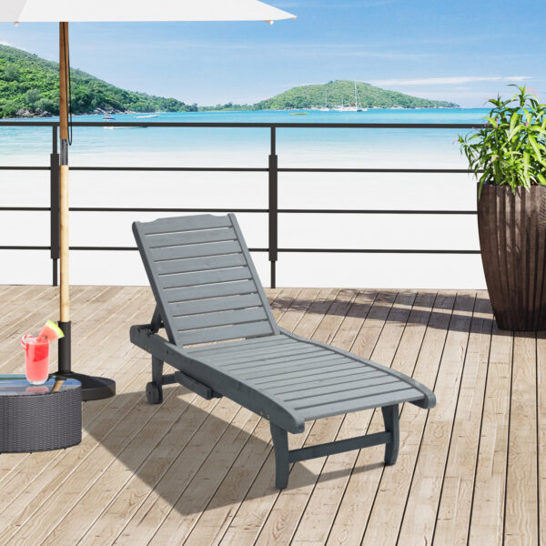 Outsunny Wooden Sun Lounger Outdoor Patio Sun Bed w/ Pull-out Table Grey - Image 2