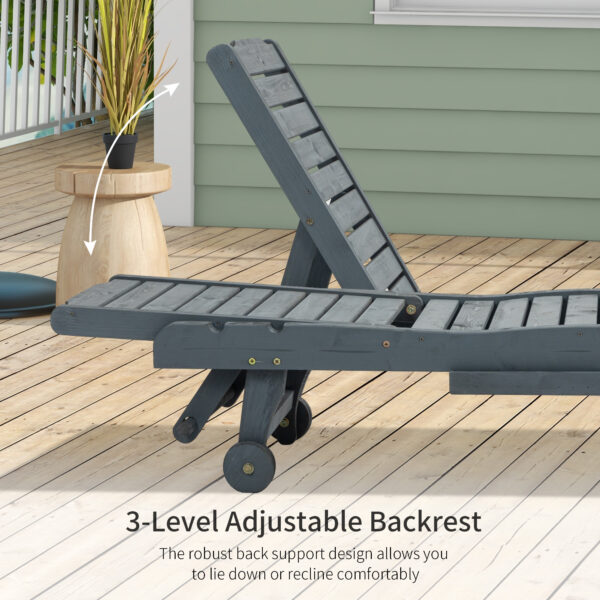Outsunny Wooden Sun Lounger Outdoor Patio Sun Bed w/ Pull-out Table Grey - Image 4