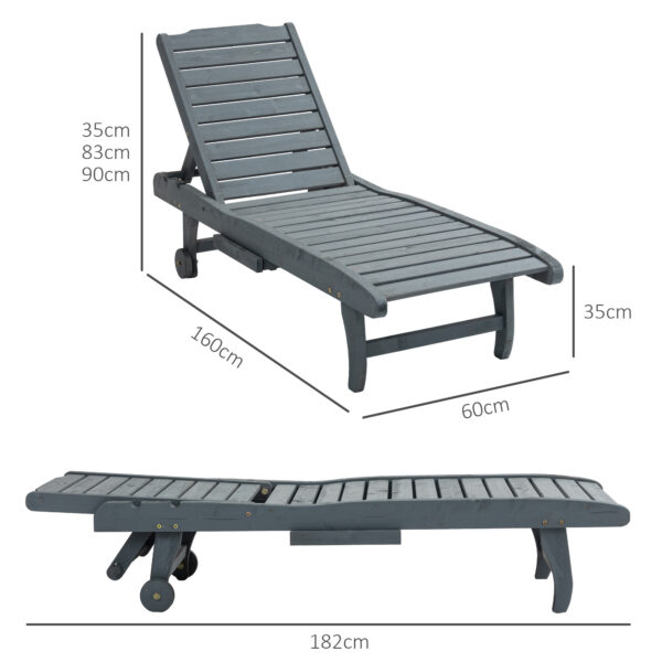 Outsunny Wooden Sun Lounger Outdoor Patio Sun Bed w/ Pull-out Table Grey - Image 5