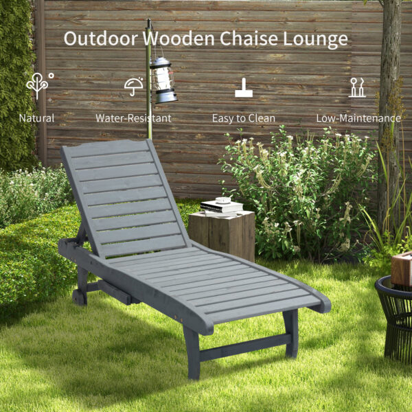 Outsunny Wooden Sun Lounger Outdoor Patio Sun Bed w/ Pull-out Table Grey - Image 7