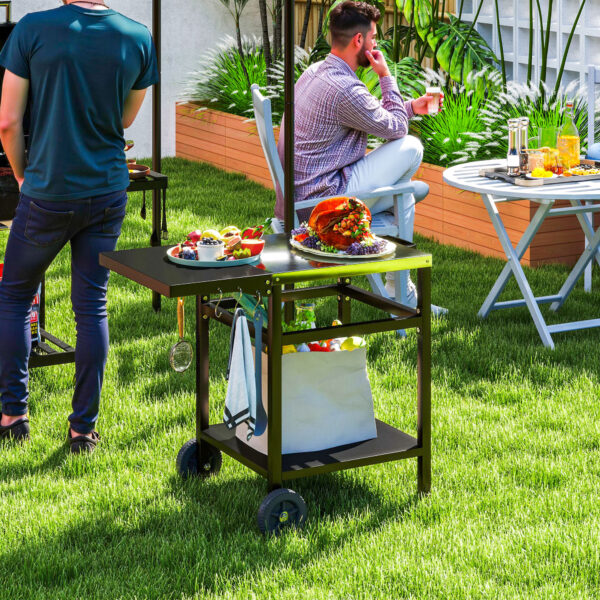 Outsunny BBQ Trolley with Foldable Side Table, Movable Pizza Table, Black - Image 2