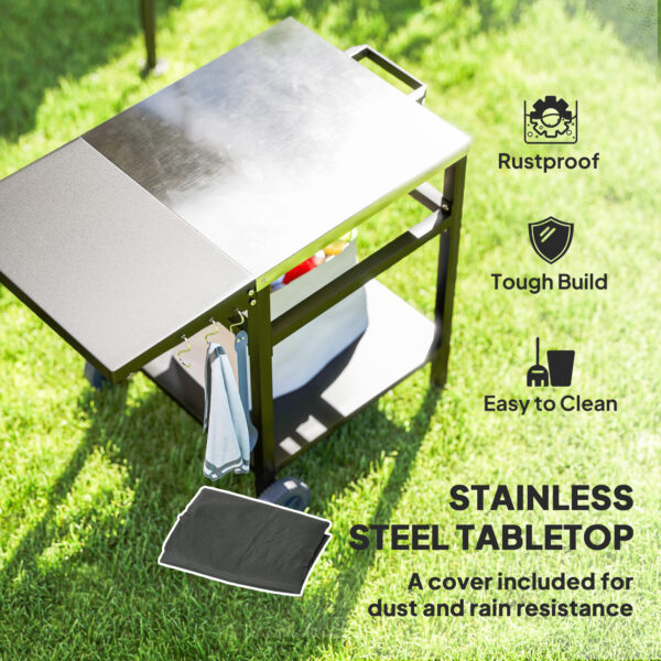 Outsunny BBQ Trolley with Foldable Side Table, Movable Pizza Table, Black - Image 3