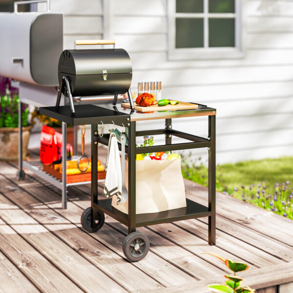 Outsunny BBQ Trolley with Foldable Side Table, Movable Pizza Table, Black - Image 8