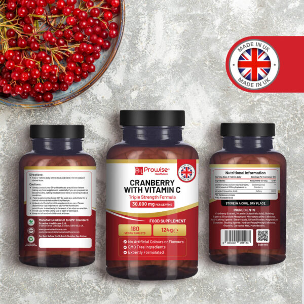 Triple Strength Cranberry 30,000mg Added with Vitamin C I 180 Vegan Tablets by Prowise - Image 6