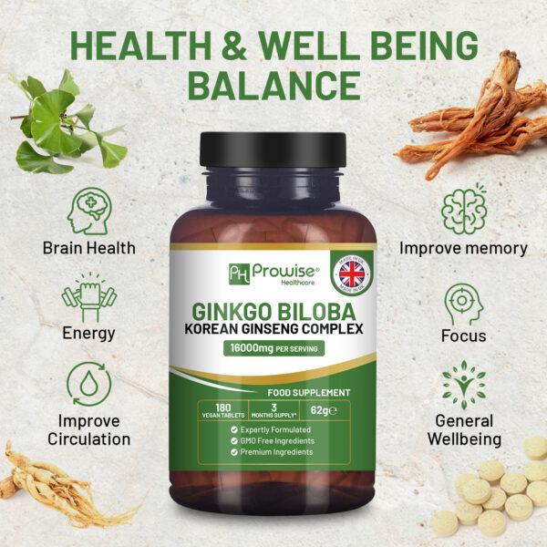 Ginkgo Biloba and Korean Ginseng Tablets 16000mg 180 Vegan Tablets by Prowise - Image 2