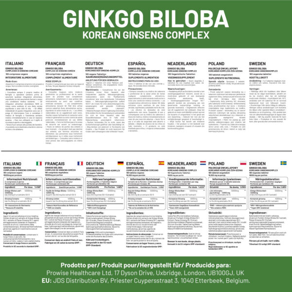Ginkgo Biloba and Korean Ginseng Tablets 16000mg 180 Vegan Tablets by Prowise - Image 4