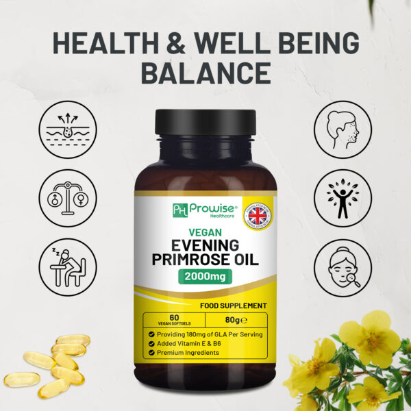 Vegan Evening Primrose Oil 2000mg with Vitamin E & B6 ? 60 Vegan Softgels| Pure Cold Pressed I 180mg GLA per Capsule I Women's Health I Premium Quality I by Prowise Healthcare - Image 3