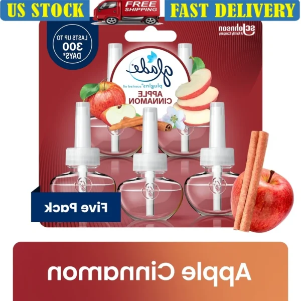 Apple Cinnamon PlugIns Scented Oil Refills 5 Pack Air Freshener Essential Oil Infused Wall Plug In Home Fragrance 60 Days