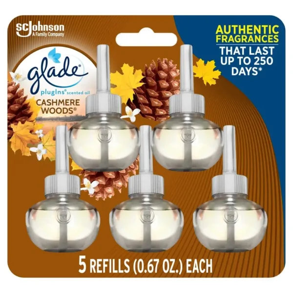 5 Ct Cashmere Woods Scented Oil Air Freshener Refills 3.35 FL. Oz. Infused with Essential Oils Long Lasting Fragrance Dorm Room
