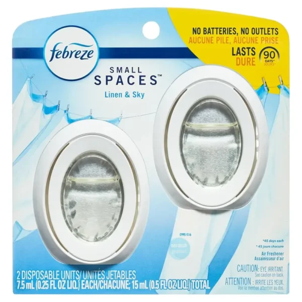 Small Spaces Air Freshener Linen & Sky Scent 2 Pack Odor Eliminating Long Lasting .25 fl. oz. Unique Formula No Batteries No